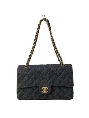 Chanel Shoulder Bag Double Flap Quilted Black Chain Gold